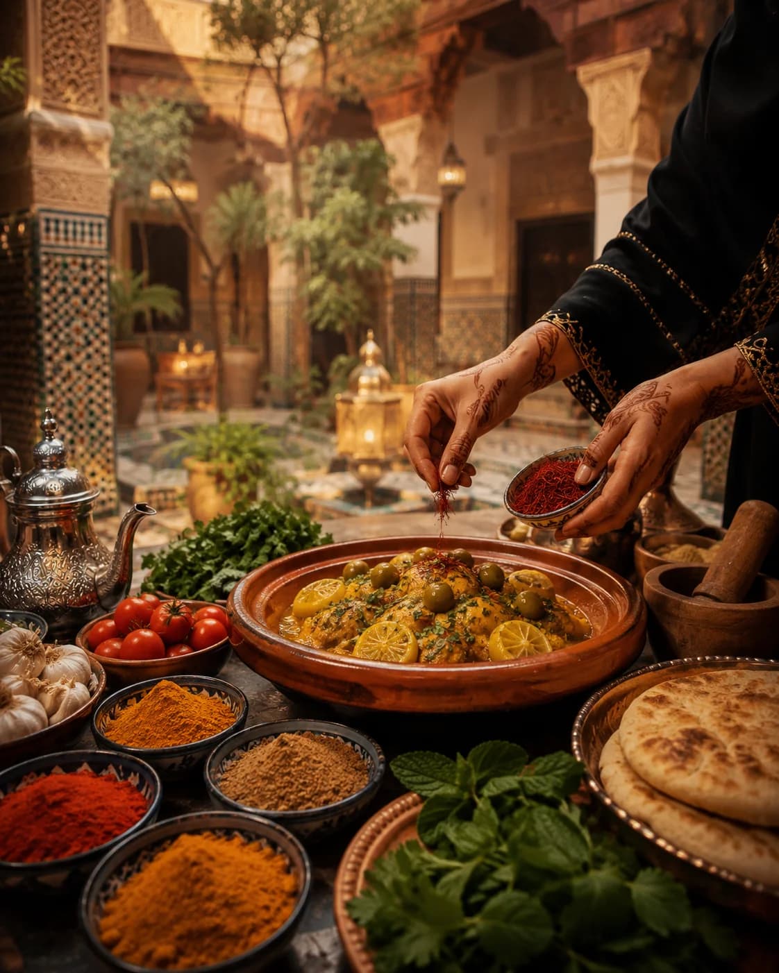 Cours cuisine marocaine Marrakech — tajine, pastilla, riad médina — KingKech